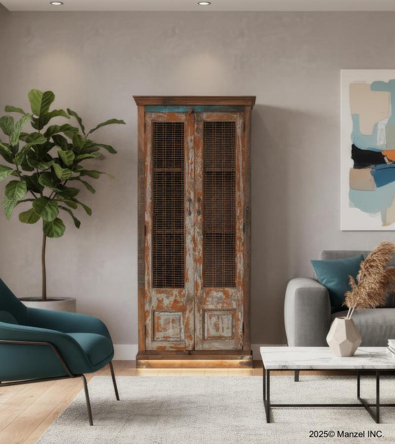 SOLID WOOD RECLAIMED TEAK SIDEBOARD CONSOLE W/MESH PANELS