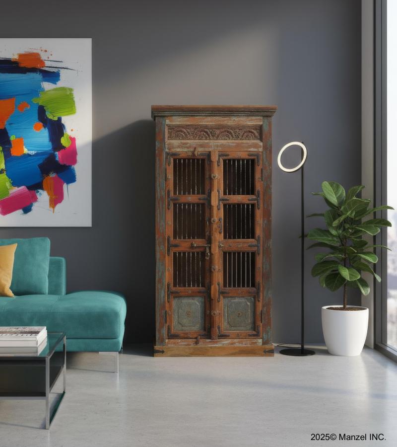SOLID RECLAIMED TEAK WOOD, METAL & GLASS CABINET