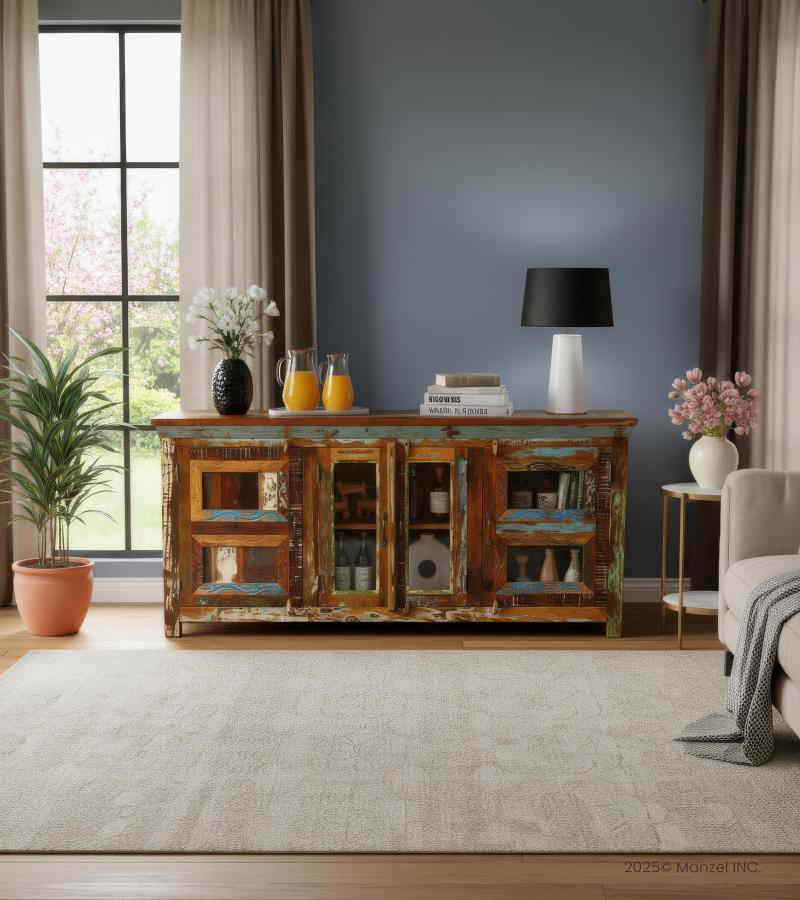 SOLID RECLAIMED TEAK WOOD & GLASS SIDEBOARD
