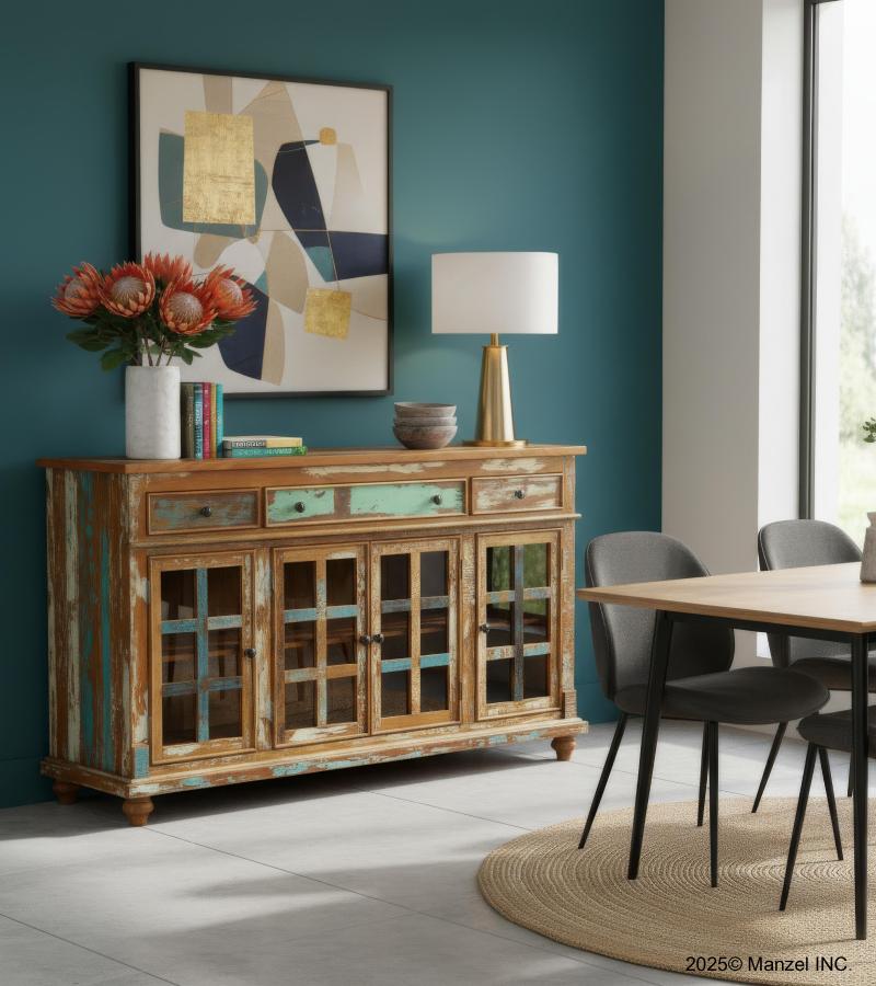 SOLID RECLAIMED TEAK WOOD & GLASS SIDEBOARD
