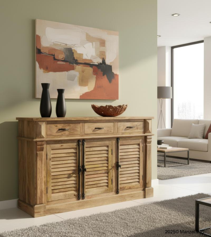 SOLID WOOD SIDEBOARD W/ 3 LOUVRED DOORS & 3 DRAWERS