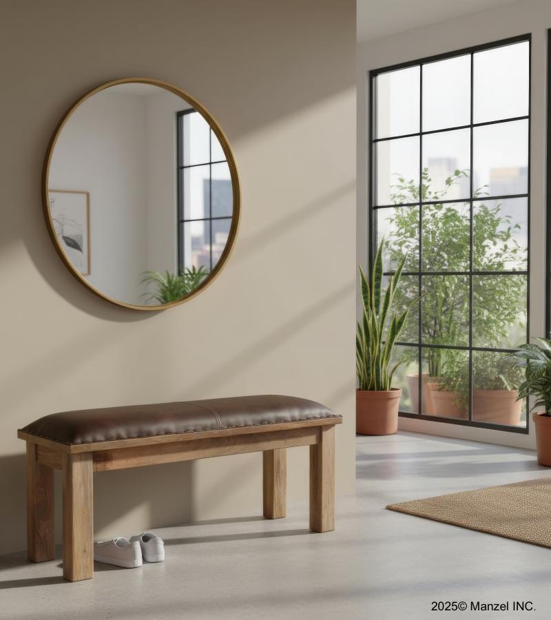 SOLID WOOD & LEATHER BENCH