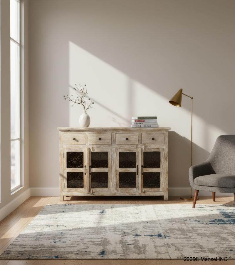 SOLID RECLAIMED TEAK WOOD SIDEBOARD W/ DECORATIVE IRON 4 DRAWERS & 4 DOORS