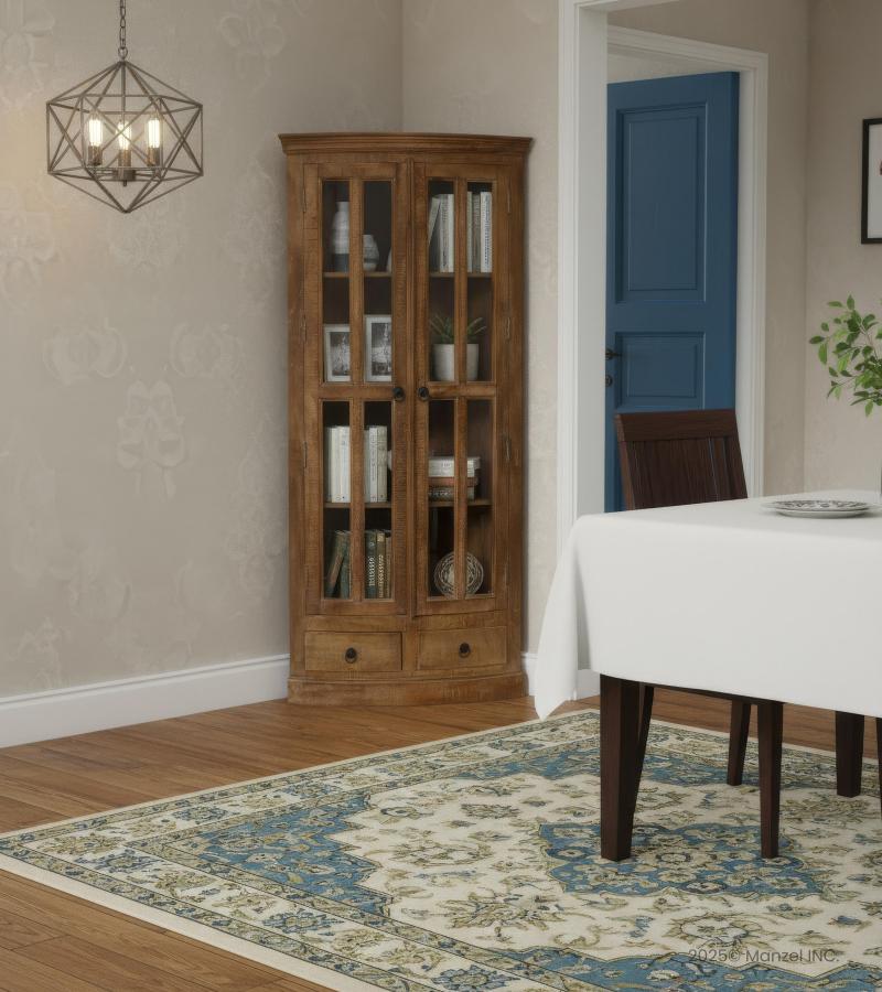 SOLID WOOD & GLASS CORNER CABINET W/ 2 DRAWERS