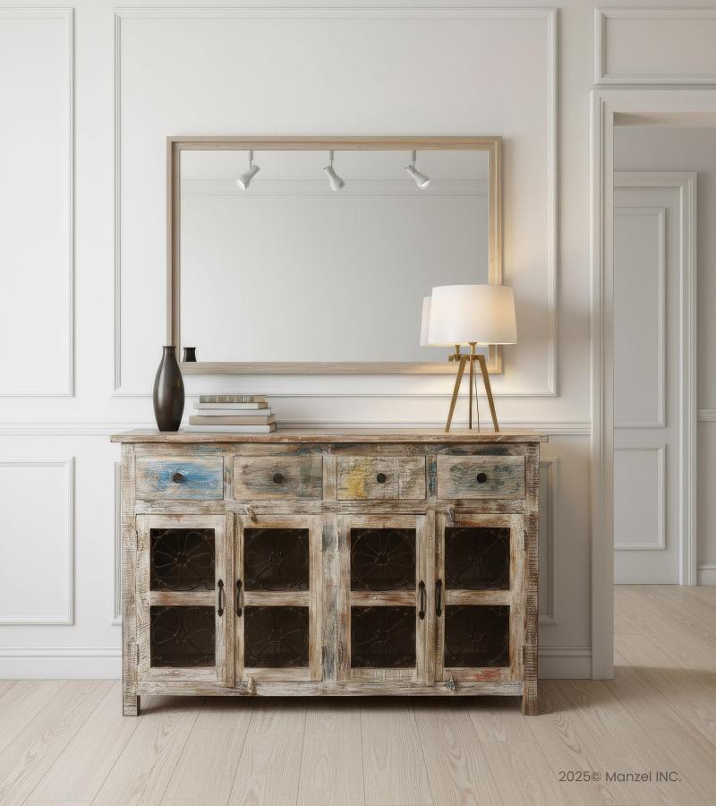 SOLID RECLAIMED TEAK WOOD SIDEBOARD W/ DECORATIVE IRON 4 DRAWERS & 4 DOORS