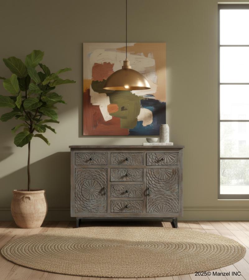 HAND CARVED SOLID WOOD 6 DRAWER & 2 DOOR SIDEBOARD