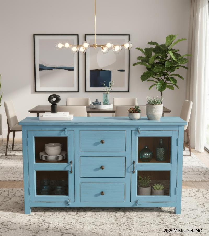 SOLID WOOD & GLASS SIDEBOARD W/ 2 DOORS & 3 DRAWERS
