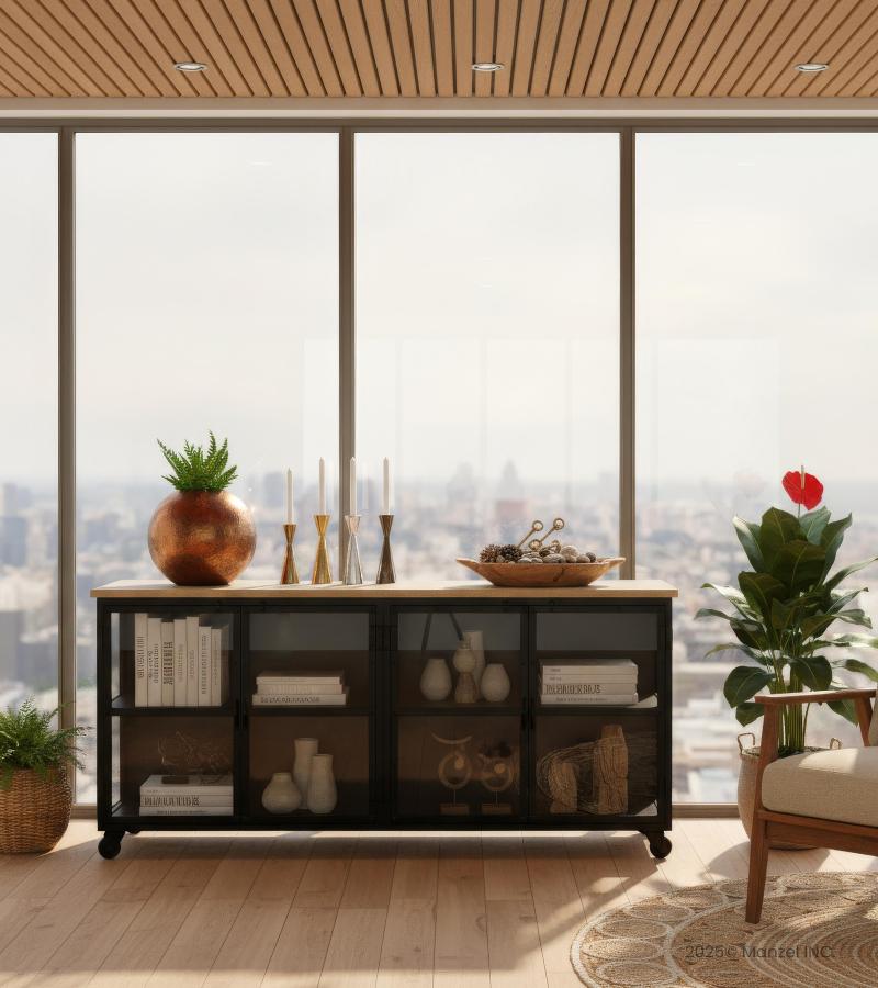 IRON & GLASS SIDEBOARD W/ SOLID WOOD TOP