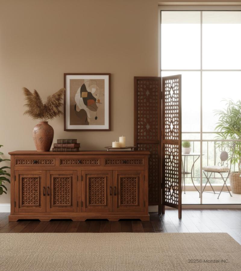 CARVED WOOD SIDEBOARD W/ 4 DOORS & 3 DRAWERS