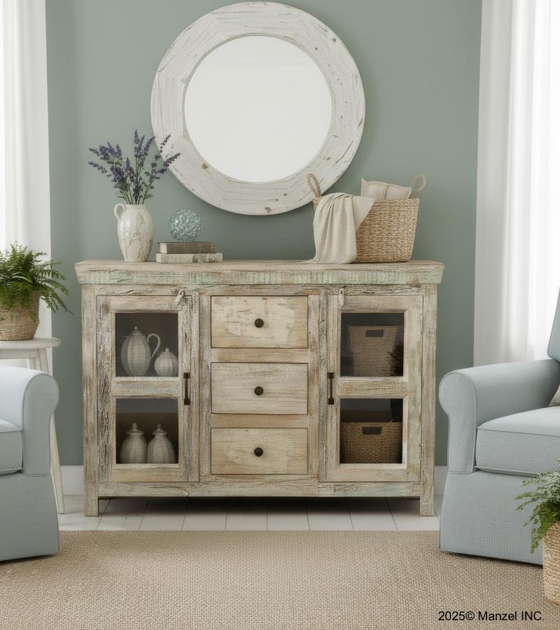 SOLID RECLAIMED TEAK WOOD & GLASS SIDEBOARD