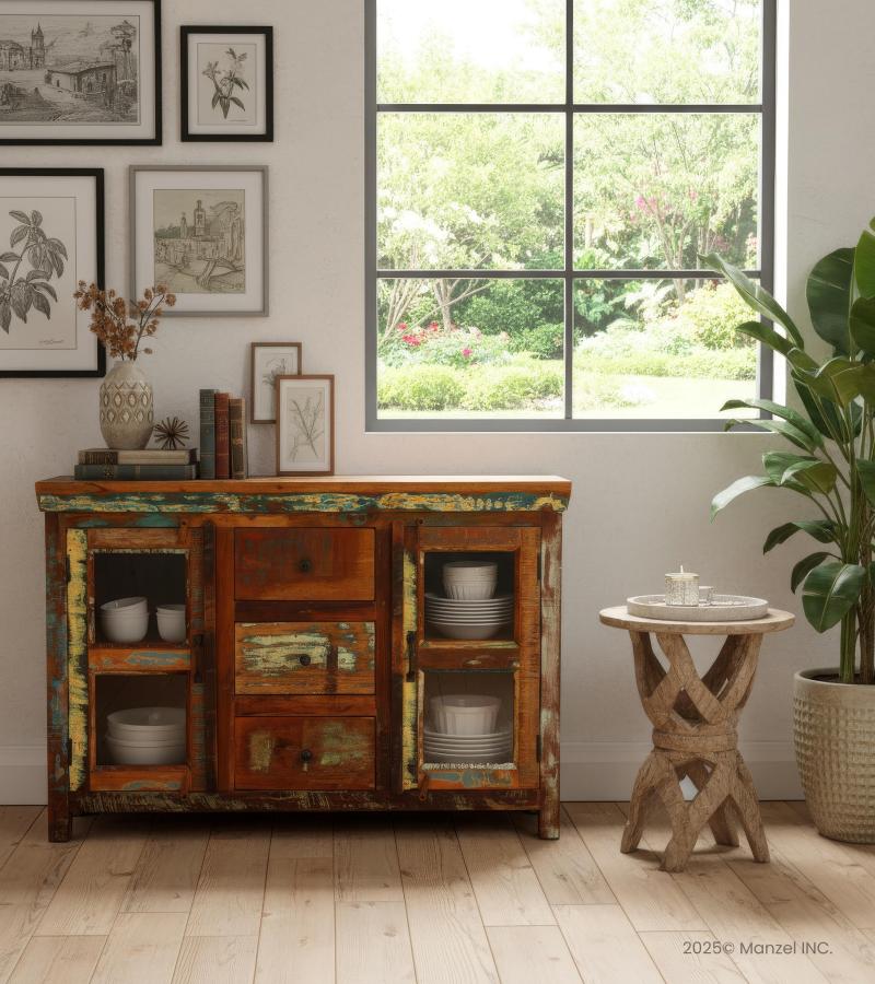 SOLID RECLAIMED TEAK WOOD SIDEBOARD W/ DRAWERS, DOORS & GLASS