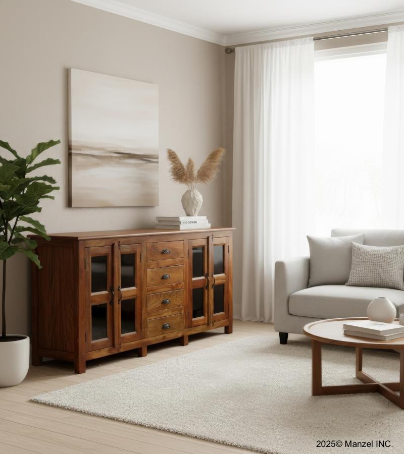 SOLID RECLAIMED TEAK WOOD & GLASS SIDEBOARD CABINET W/ 4 DRAWERS & 4 DOORS