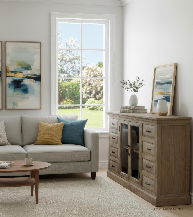 SOLID WOOD 8 DRAWERS 2 GLASS DOORS SIDEBOARD