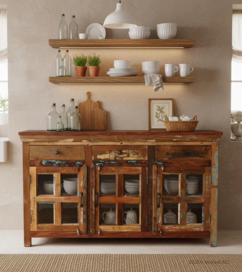 SOLID RECLAIMED TEAK WOOD & GLASS SIDEBOARD W/ 3 DOORS 3 DRAWERS