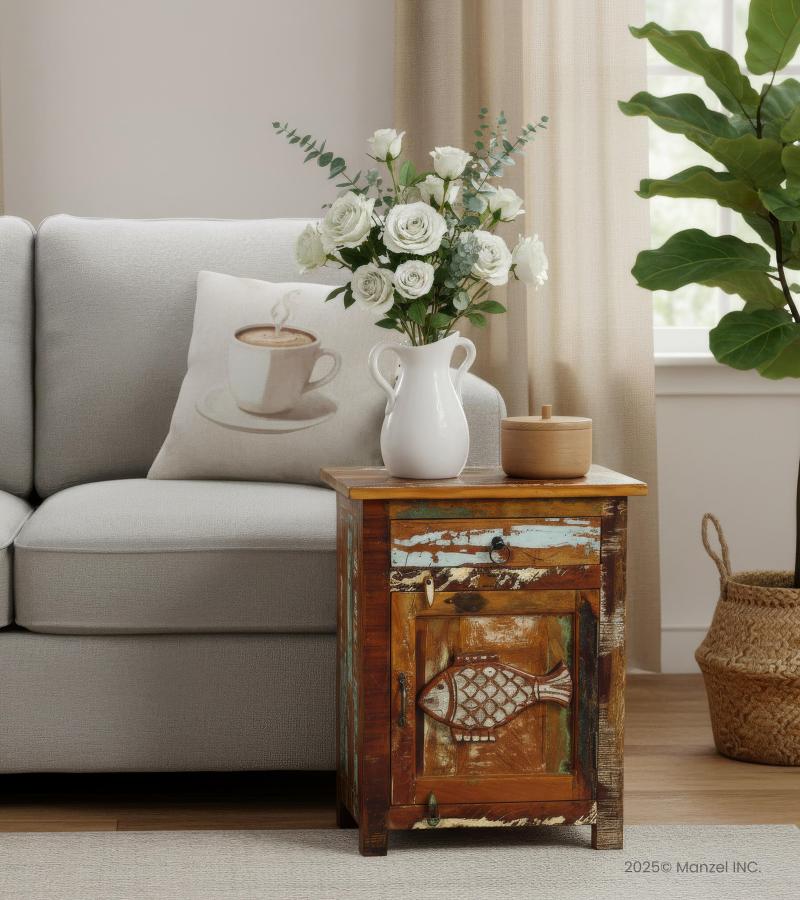 SOLID RECLAIMED TEAK WOOD W/ CARVED FISH END TABLE / NIGHTSTAND