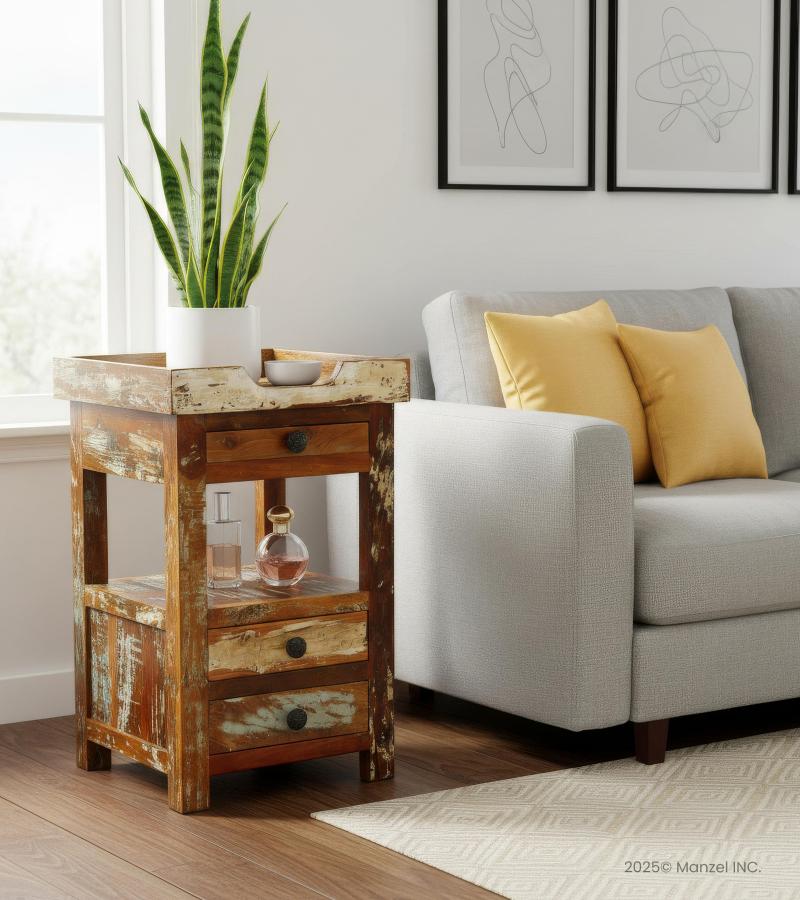 SOLID RECLAIMED TEAK WOOD 3 DRAWER END TABLE / NIGHT STAND