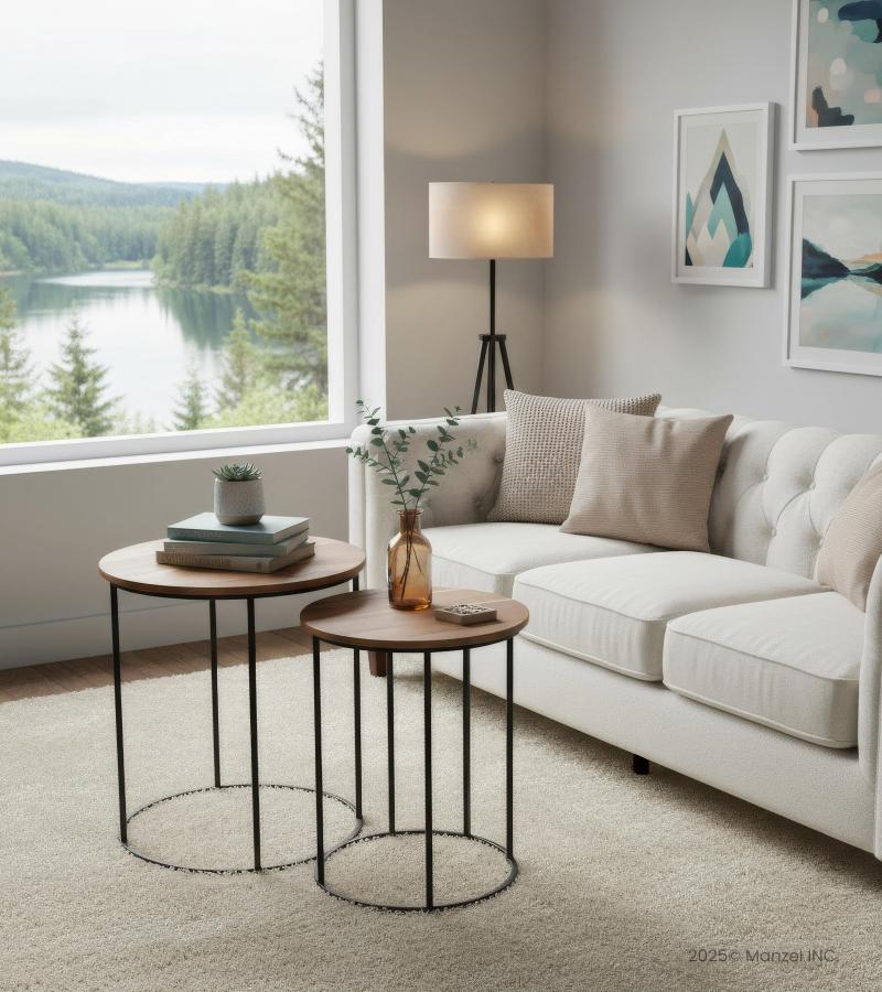 SET OF 2 SOLID WOOD & IRON END TABLES