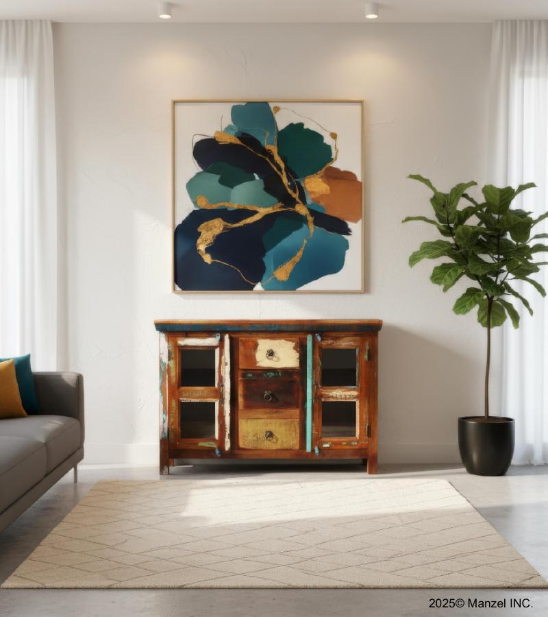 SOLID RECLAIMED TEAK WOOD & GLASS SIDEBOARD
