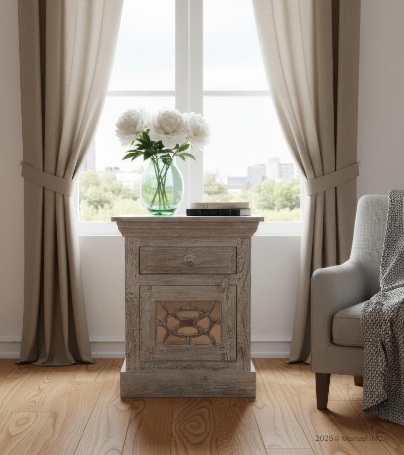 WOODEN 1/1 DRW BEDSIDE WITH GLASS