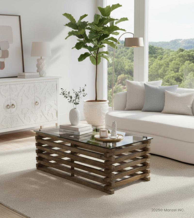 SOLID WOOD COFFEE TABLE W/ GLASS TOP