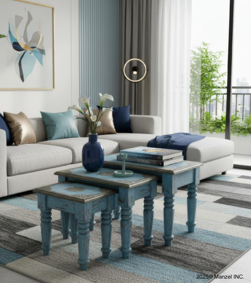 WOODEN STOOL SET OF 3 WITH BRASS