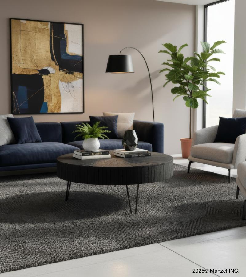 ROUND WOOD COFFEE TABLE W/ IRON LEGS