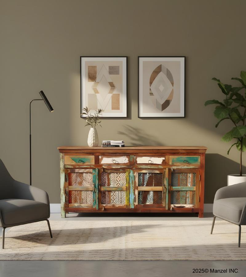 HAND CARVED SOLID RECLAIMED WOOD SIDEBOARD W/ 4 DRAWERS & 4 DOORS