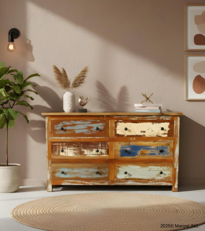 SOLID RECLAIMED TEAK WOOD 6 DRAWER BUREAU DRESSER SIDEBOARD