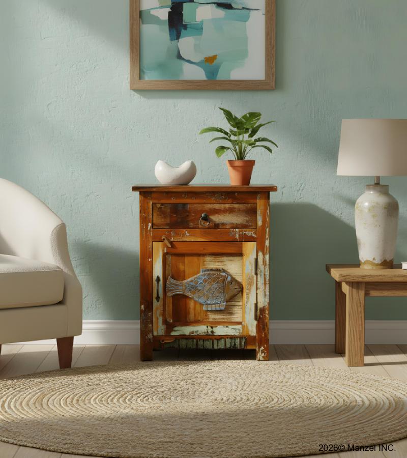 SOLID RECLAIMED TEAK WOOD NIGHTSTAND END TABLE W/ CARVED FISH