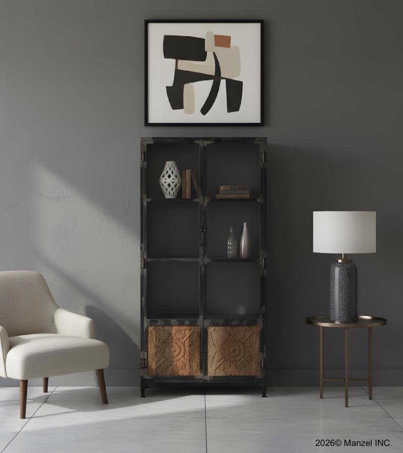 SOLID CARVED WOOD, IRON & GLASS CABINET