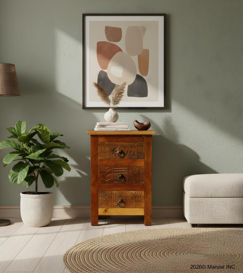 SOLID RECLAIMED TEAK WOOD 3 DRAWER END TABLE /  BEDSIDE