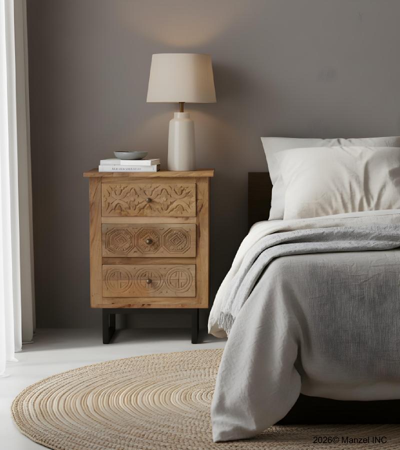 SOLID HAND CARVED WOOD 3 DRAWER NIGHTSTAND / END TABLE