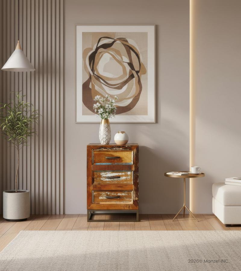 SOLID RECLAIMED TEAK WOOD 3 DRAWER END TABLE NIGHTSTAND