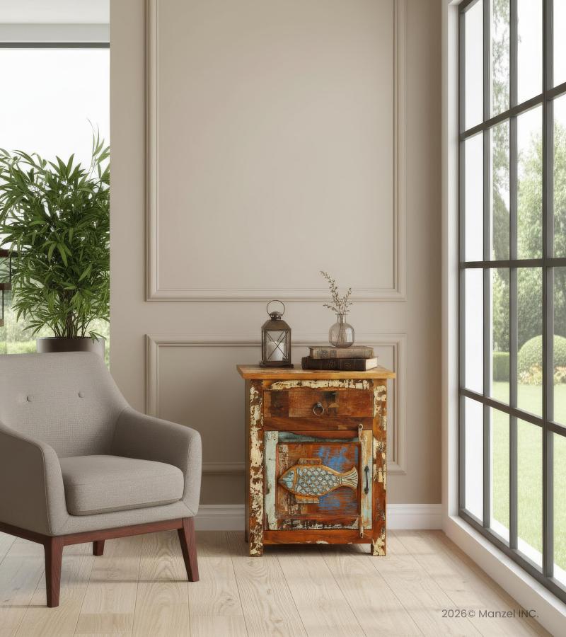 SOLID RECLAIMED TEAK WOOD NIGHTSTAND END TABLE W/ CARVED FISH