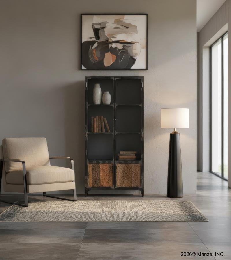 SOLID CARVED WOOD, IRON & GLASS CABINET