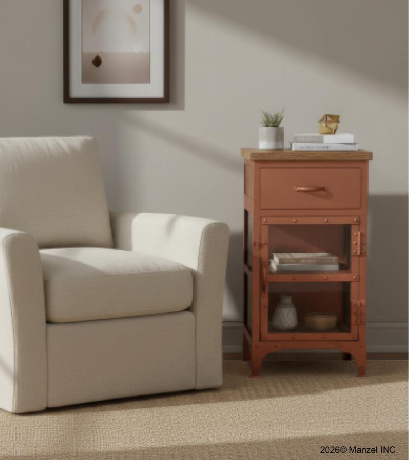 SOLID IRON, GLASS & WOOD NIGHTSTAND END TABLE