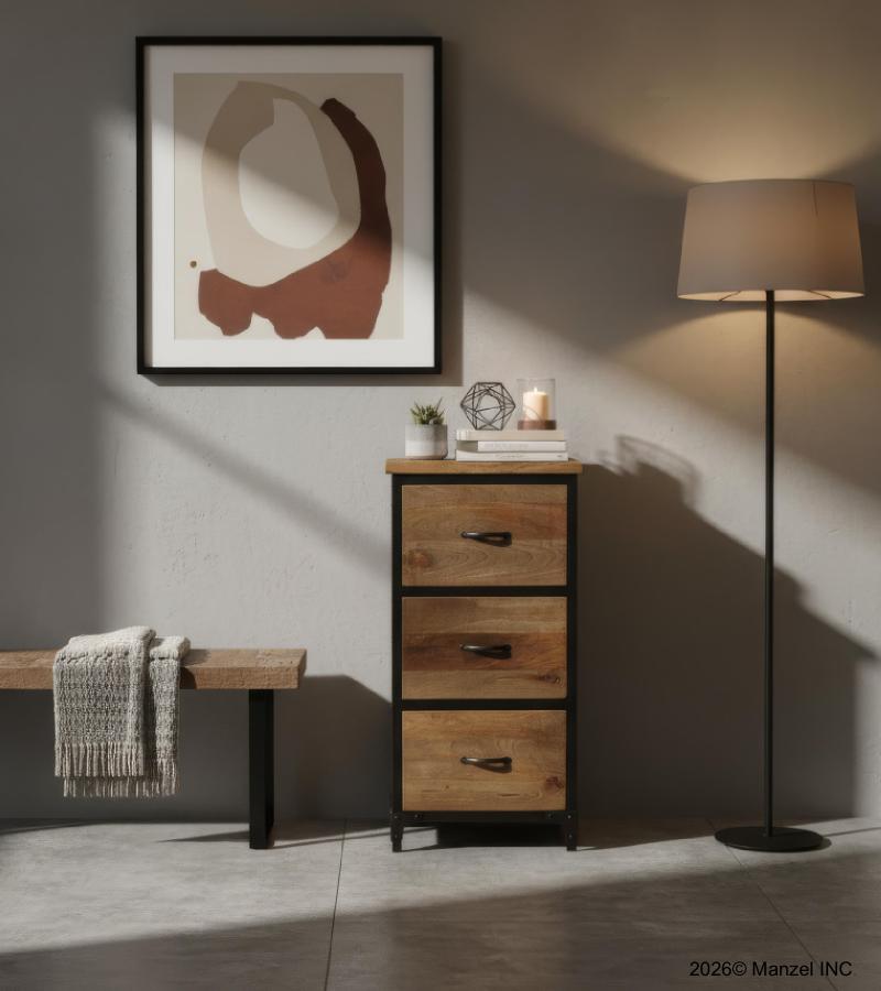 SOLID WOOD & IRON 3 DRAWER CHEST END TABLE
