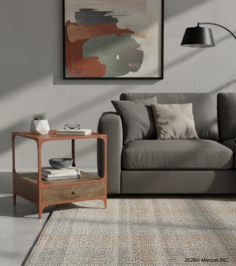 SOLID WOOD & IRON 1 DRAWER END TABLE NIGHTSTAND
