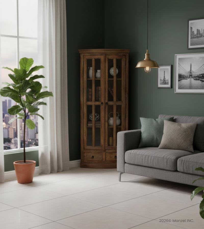 SOLID WOOD & GLASS CORNER CABINET W/ 2 DRAWERS