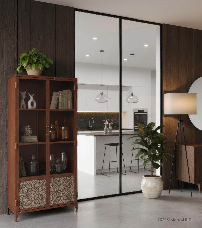 SOLID CARVED WOOD, IRON & GLASS CABINET