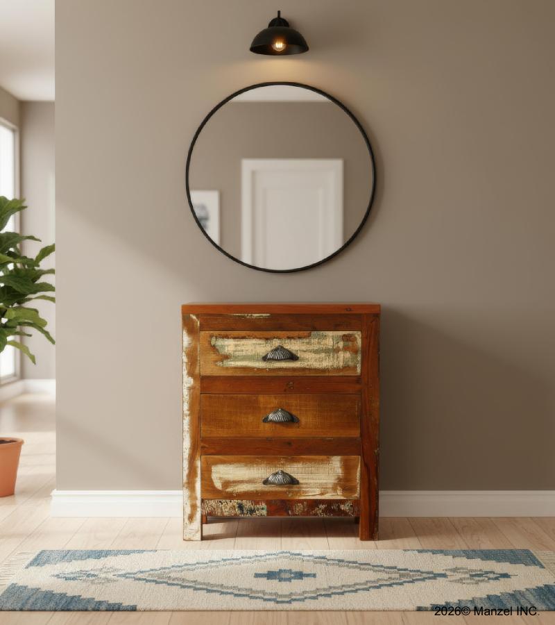 SOLID RECLAIMED TEAK WOOD END TABLE / NIGHTSTAND W/ 3 DRAWERS