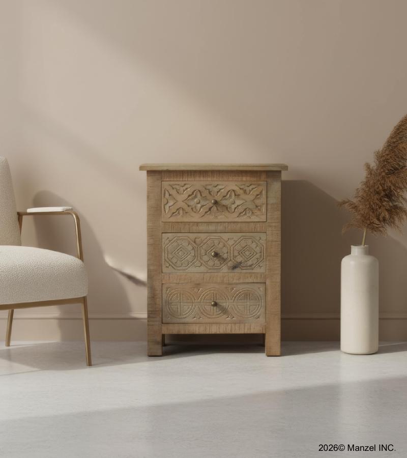 SOLID HAND CARVED WOOD NIGHTSTAND / END TABLE 3 DRAWERS