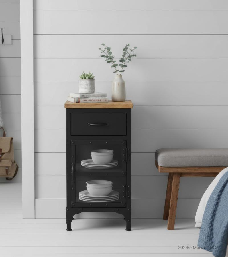 SOLID IRON, GLASS & WOOD NIGHTSTAND END TABLE