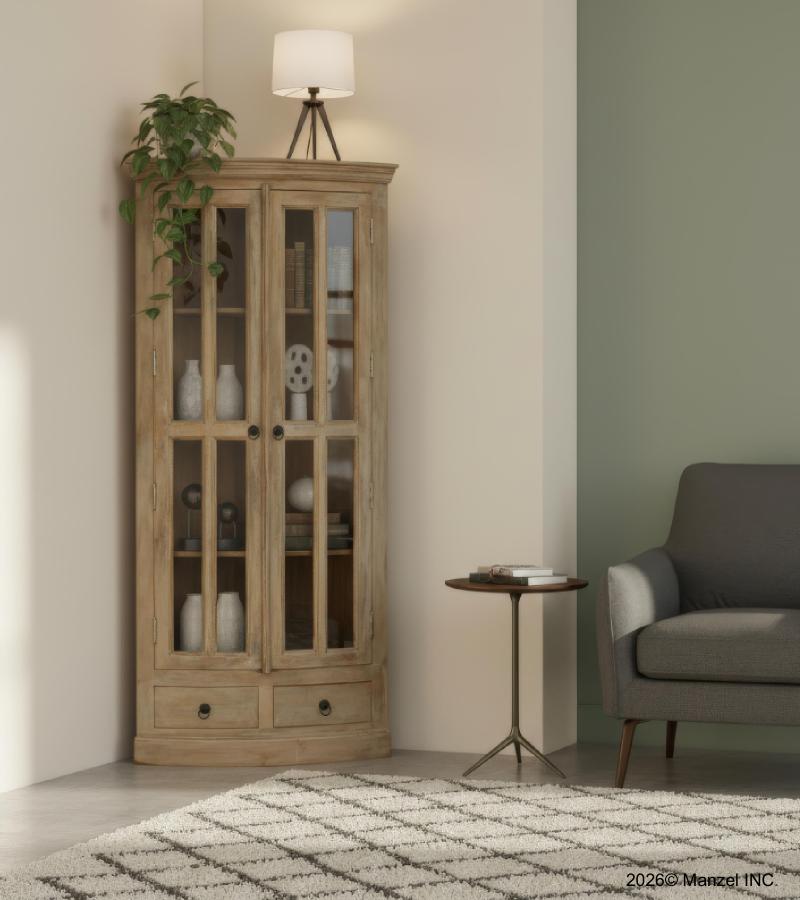 SOLID WOOD & GLASS CORNER CABINET W/ 2 DRAWERS
