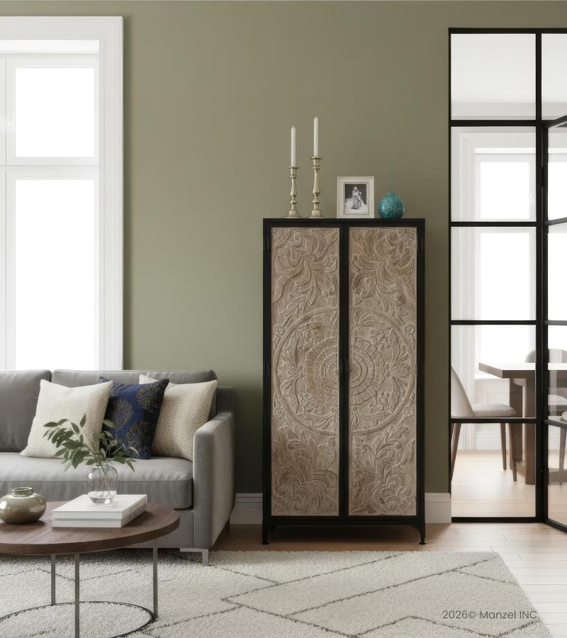 SOLID CARVED WOOD + METAL DOUBLE DOOR CABINET