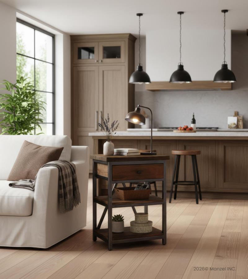 SOLID WOOD & IRON NIGHTSTAND / END TABLE