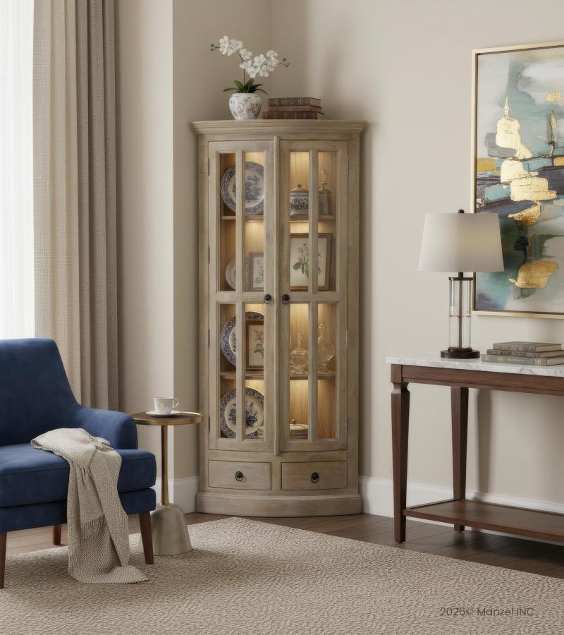 SOLID WOOD & GLASS CORNER CABINET W/ 2 DRAWERS