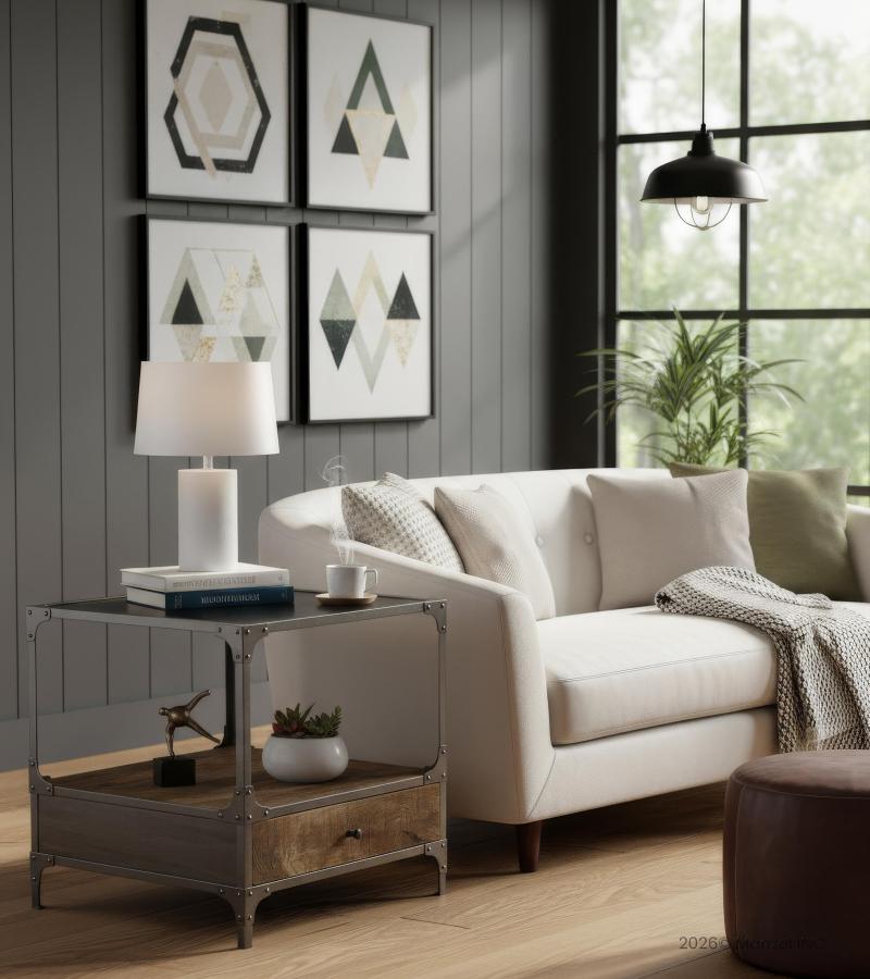 SOLID WOOD & IRON 1 DRAWER END TABLE NIGHTSTAND