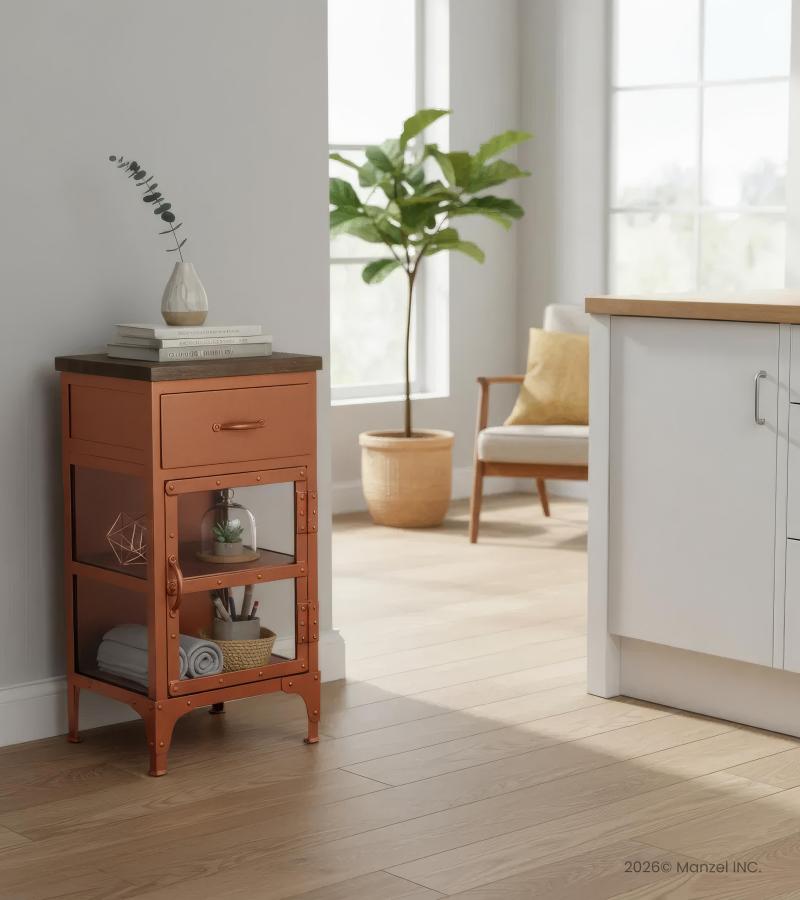 SOLID IRON, GLASS & WOOD NIGHTSTAND END TABLE