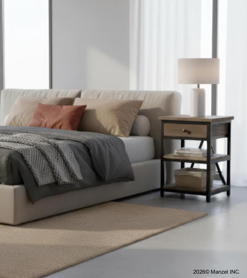 SOLID WOOD & IRON NIGHTSTAND / END TABLE